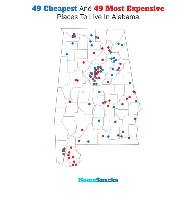 Map Of The Cheapest Places To Live In Alabama